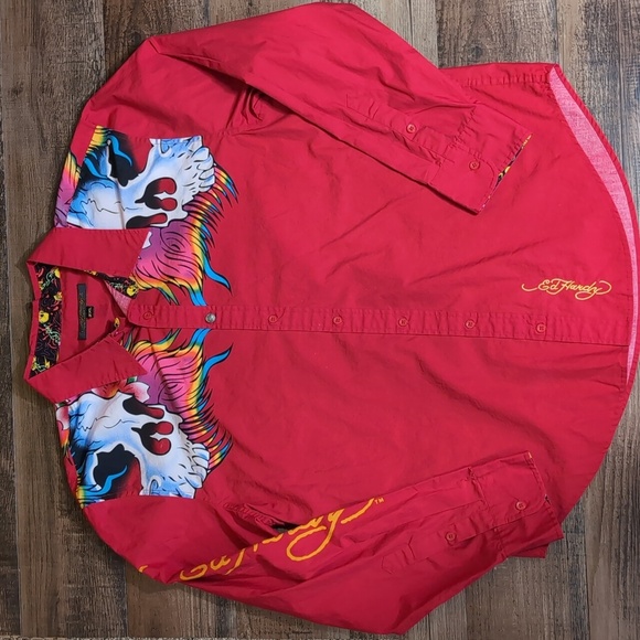 Y2K Ed Hardy Classic Button Down Flip Cuff Shirt Size XXL In Red Floral Skulls - Picture 1 of 12